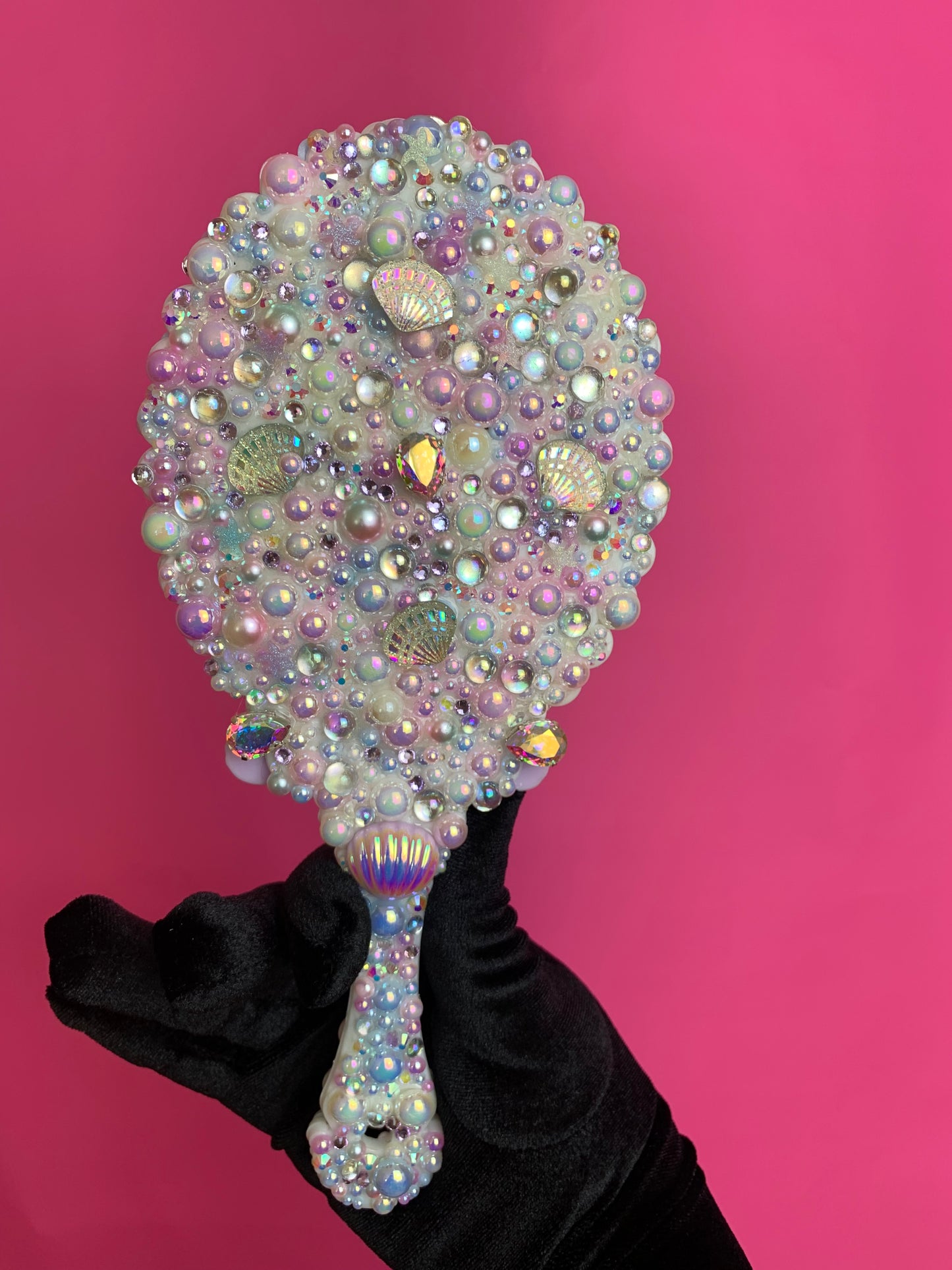 Enchanting Mermaid Rhinestone Handheld Mirror - White & Blue