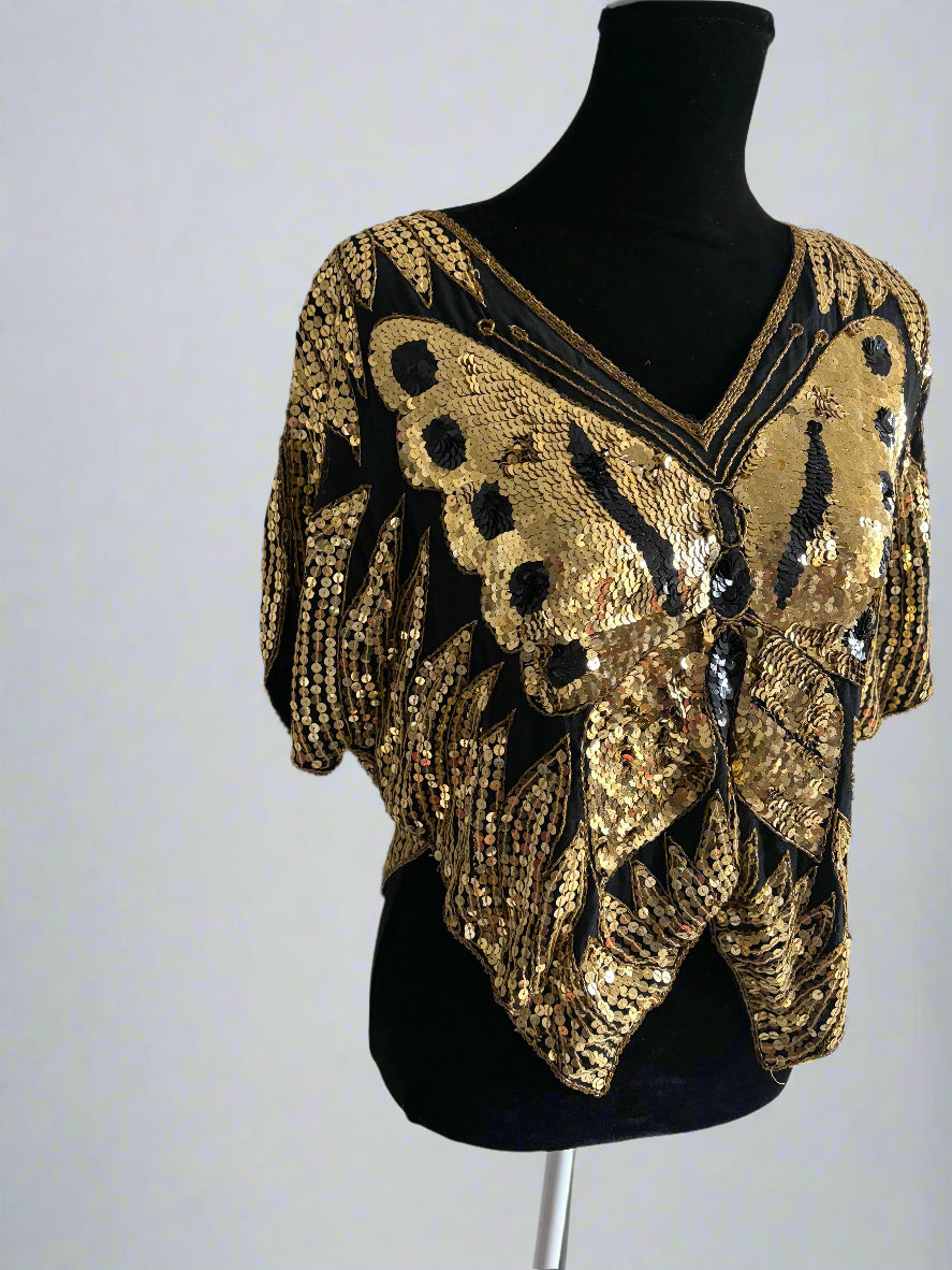 Vintage 80s Silk Sequins Butterfly Blouse
