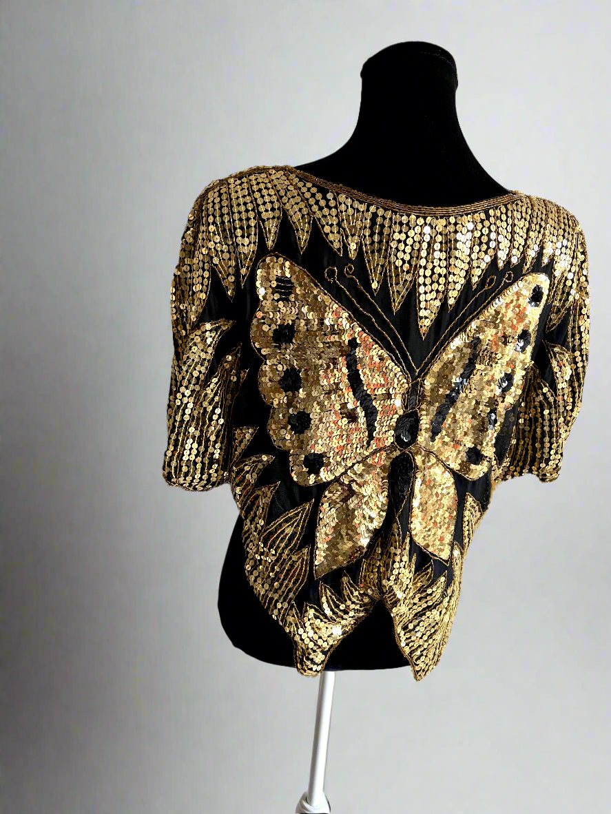 Vintage 80s Silk Sequins Butterfly Blouse