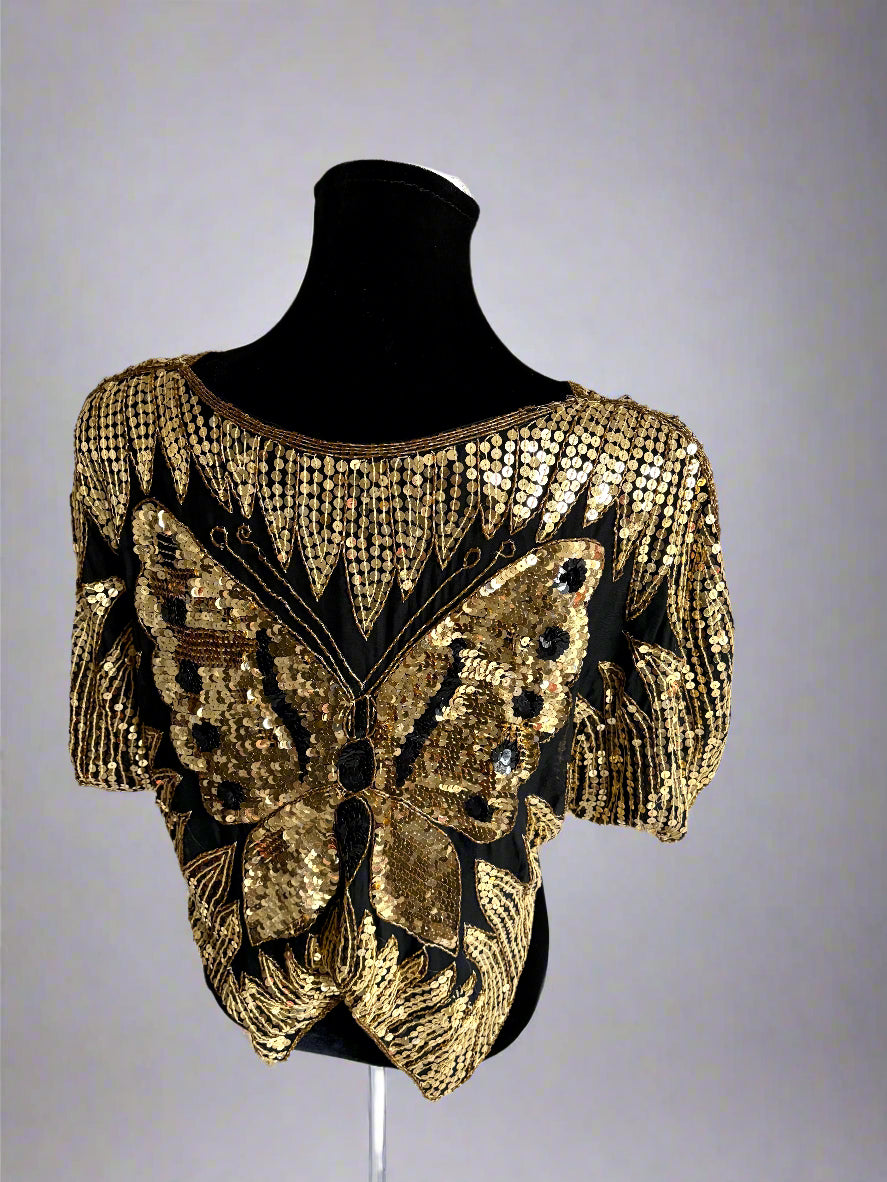Vintage 80s Silk Sequins Butterfly Blouse