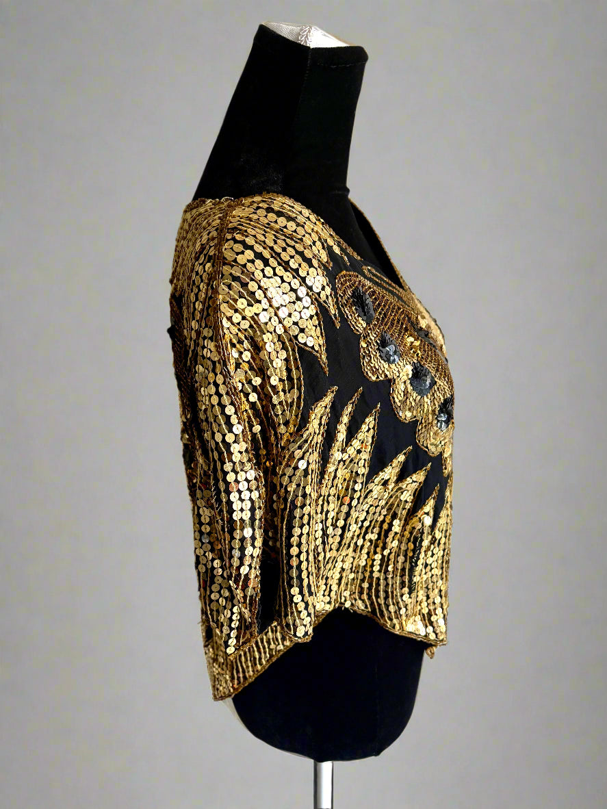 Vintage 80s Silk Sequins Butterfly Blouse