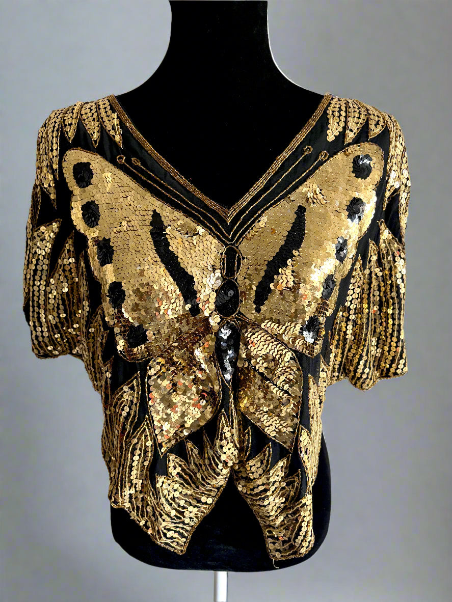 Vintage 80s Silk Sequins Butterfly Blouse