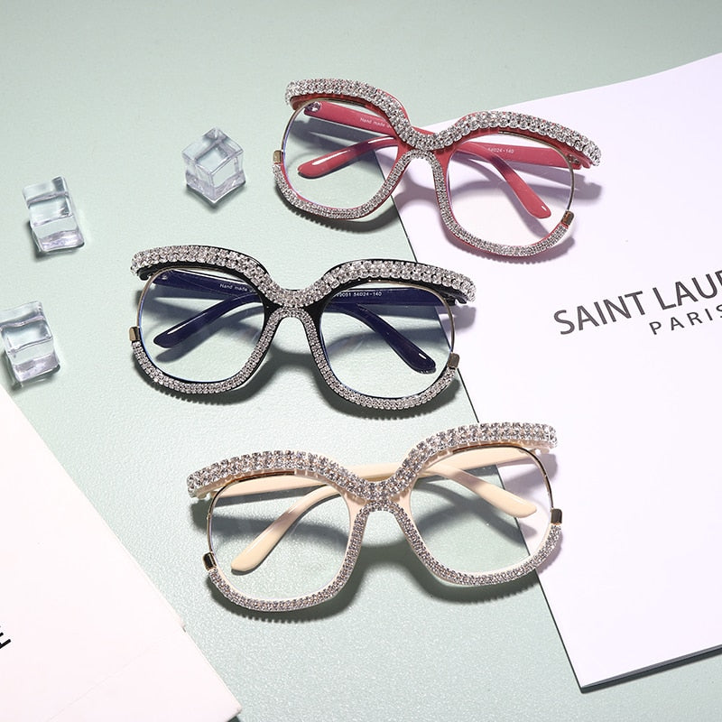 Pink Oversized Rhinestone Trim Anti Blue Light Glasses
