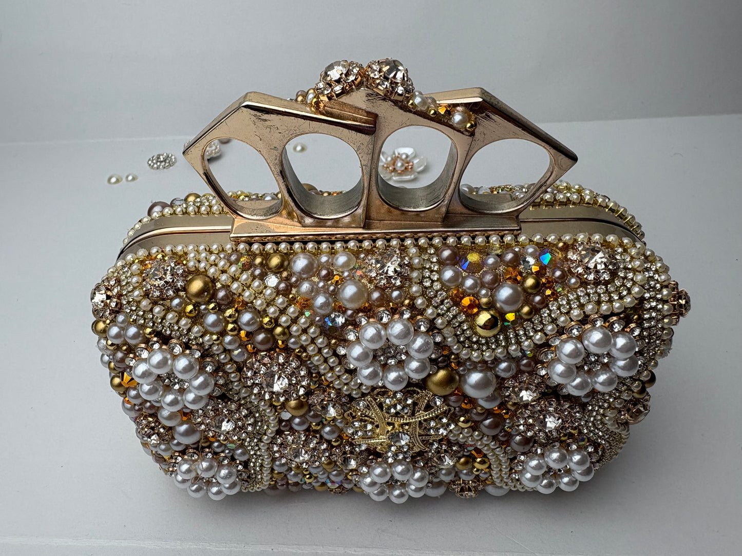 Vintage Upcycled Embellished Purse | Knuckle Clutch Handle | Brooch & Pearl Embellished Evening Bag