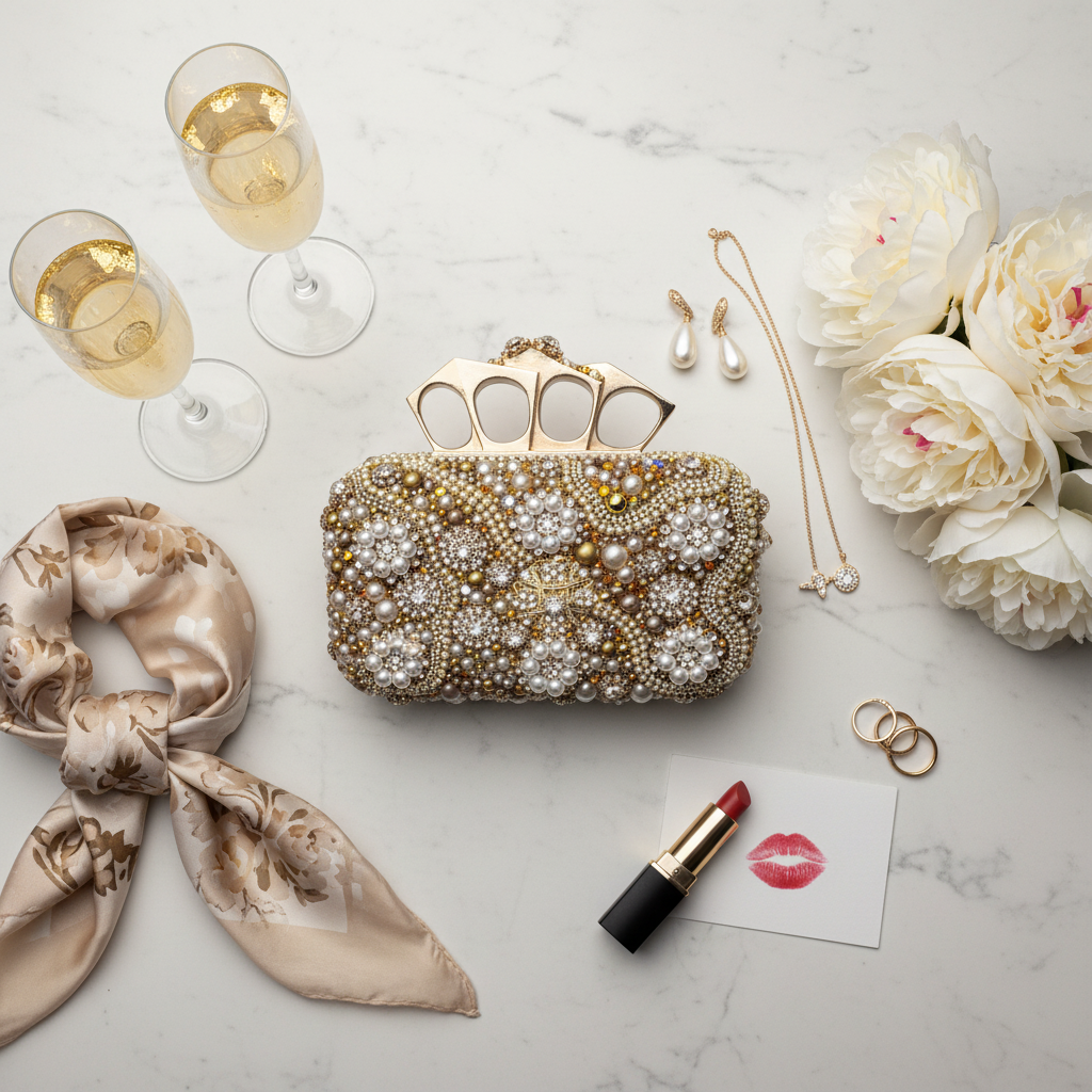 Vintage Upcycled Embellished Purse | Knuckle Clutch Handle | Brooch & Pearl Embellished Evening Bag