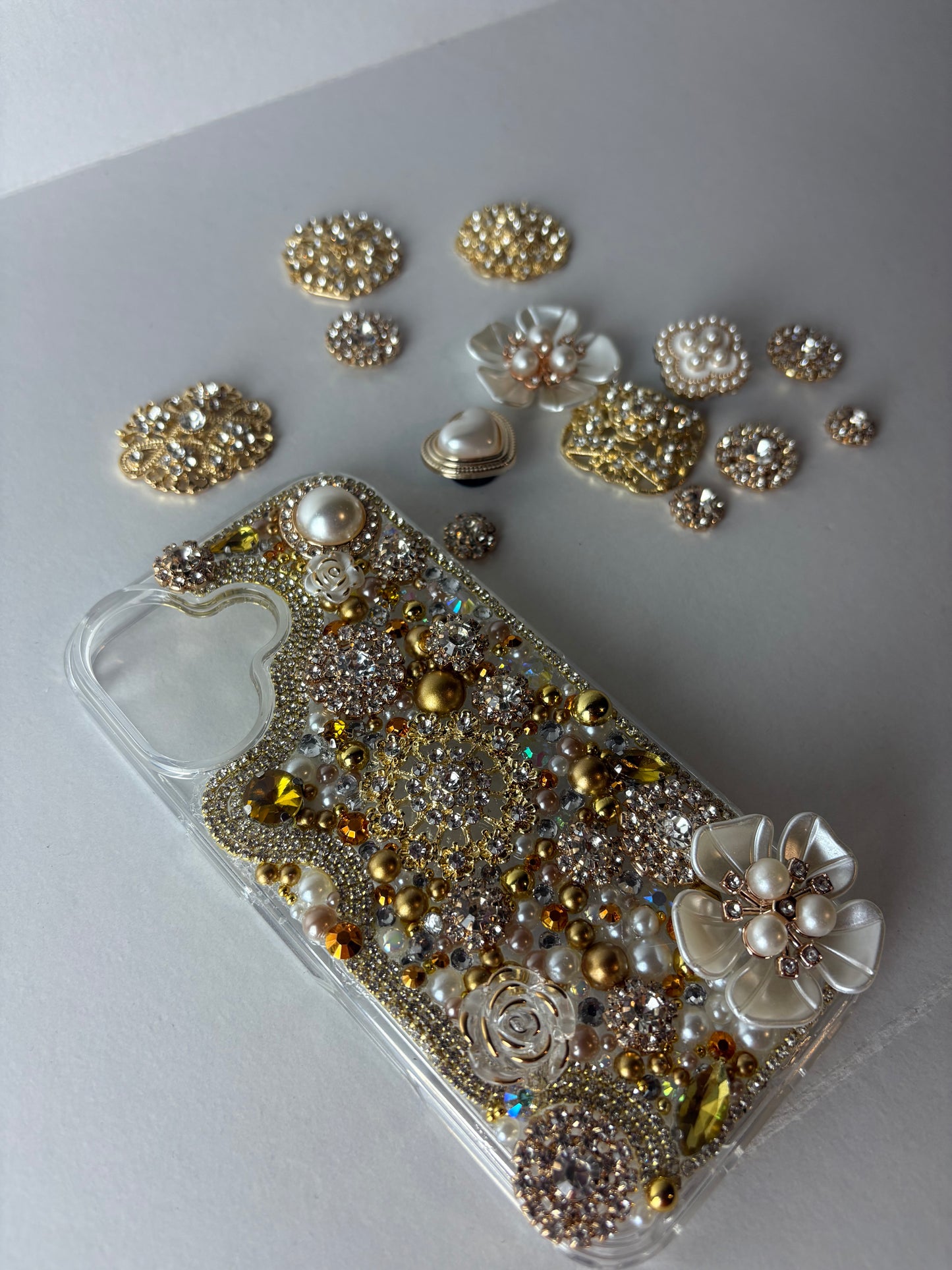 Gold Bling Phone Case | Rhinestone and Pearls Statement Case | Glam Handmade Phone Cover