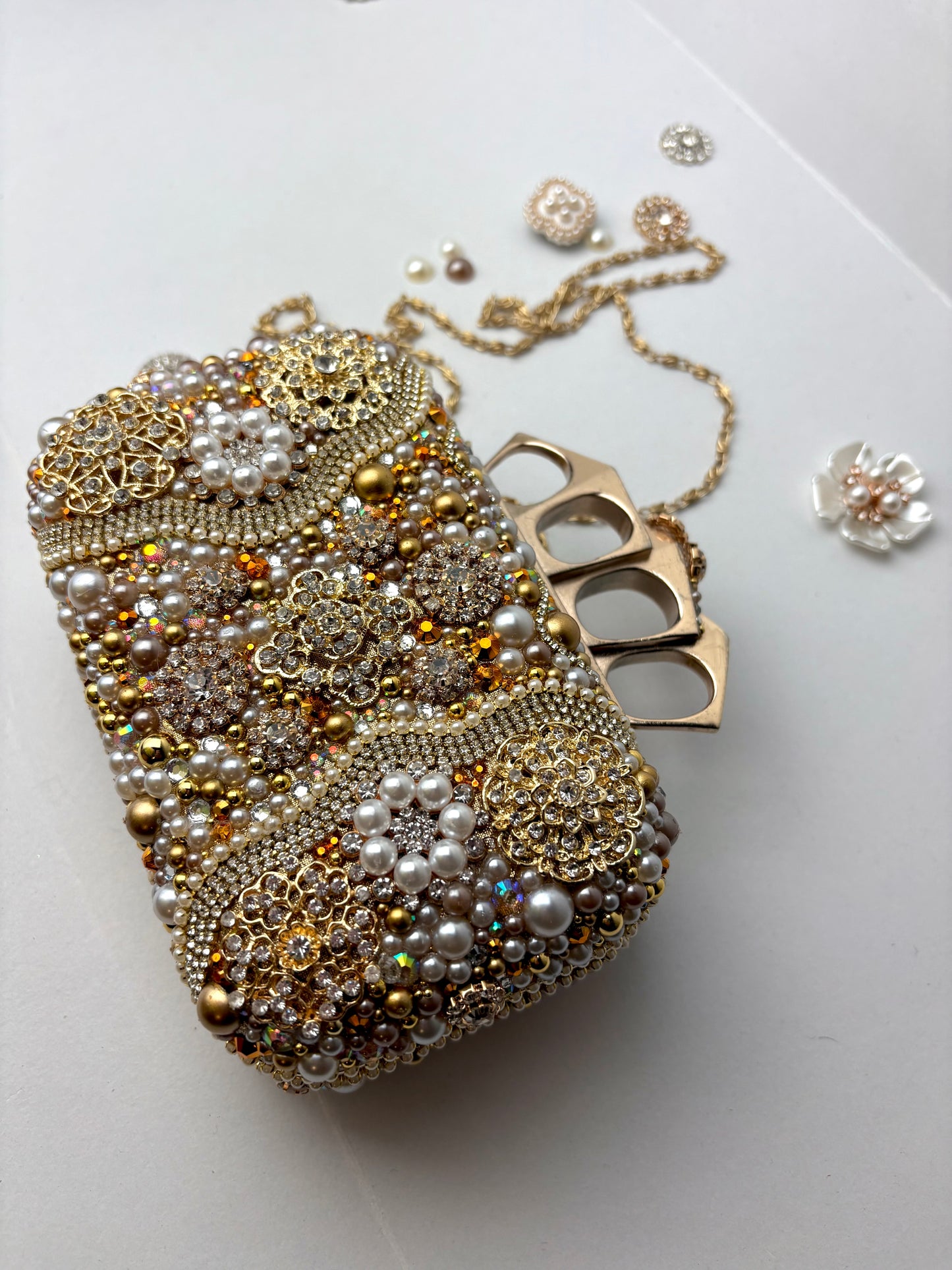 Vintage Upcycled Embellished Purse | Knuckle Clutch Handle | Brooch & Pearl Embellished Evening Bag