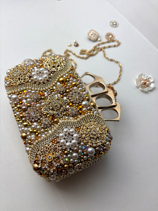 Vintage Upcycled Embellished Purse | Knuckle Clutch Handle | Brooch & Pearl Embellished Evening Bag