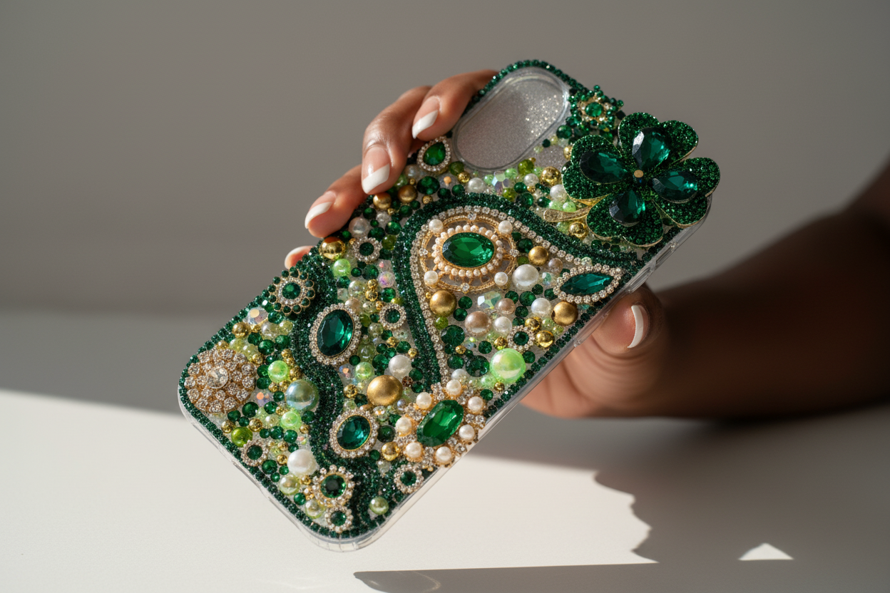 Emerald Green Rhinestone Phone Case – Luxury Lucky Clover St. Patrick’s Day Phone Case