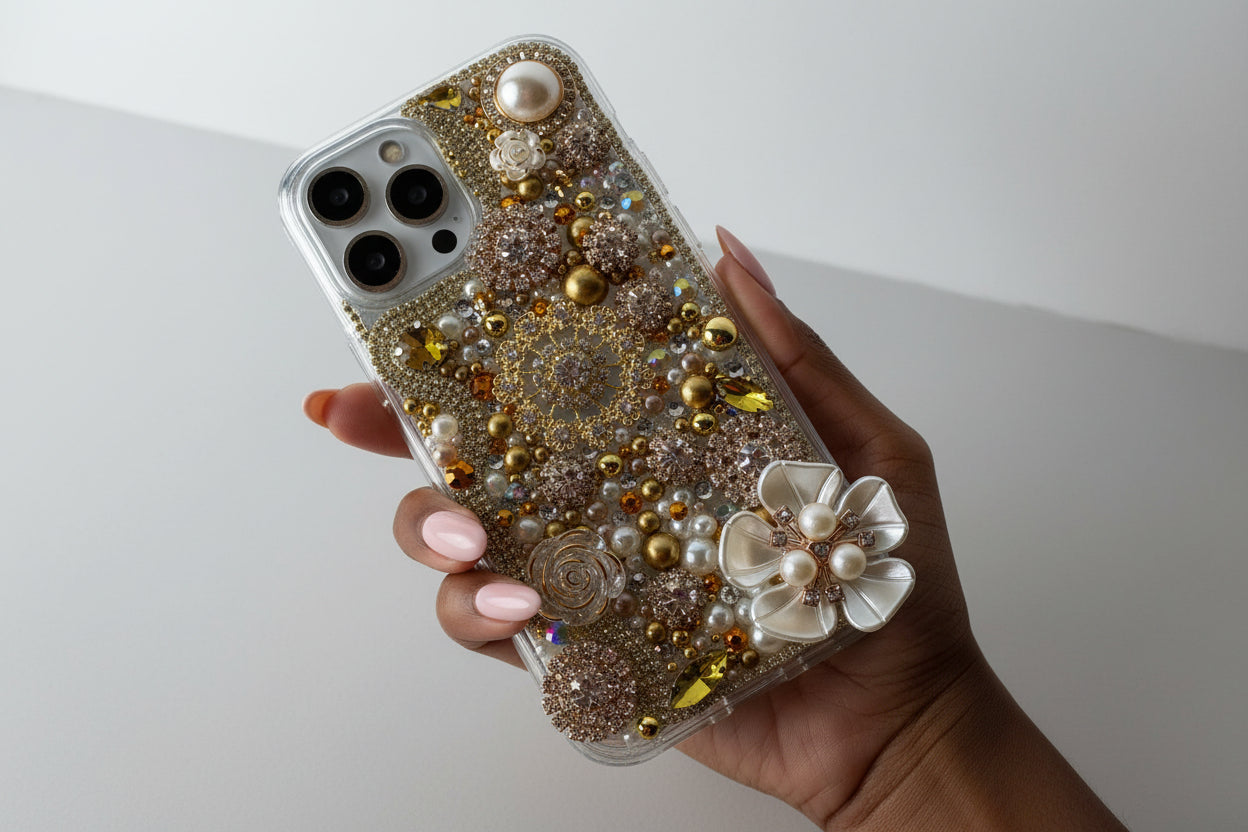 Gold Bling Phone Case | Rhinestone and Pearls Statement Case | Glam Handmade Phone Cover