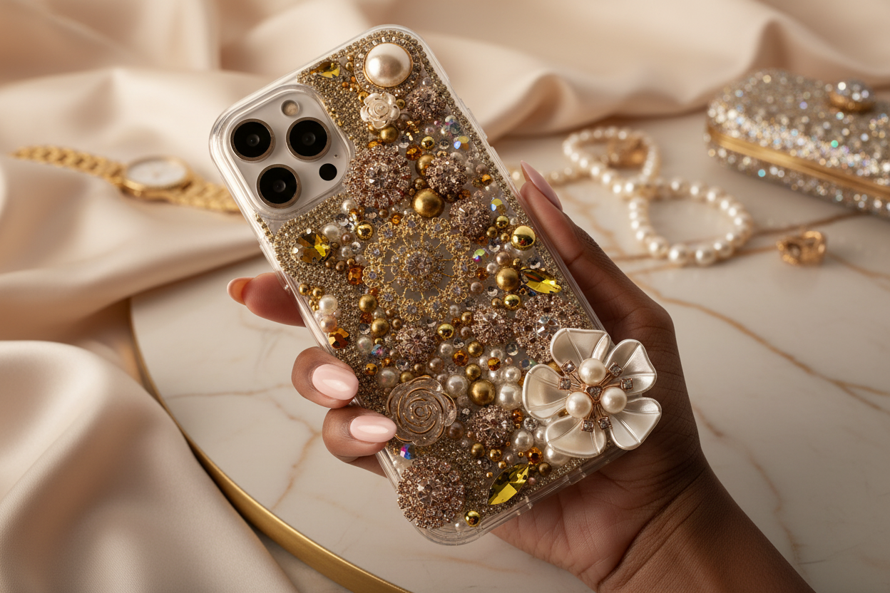 Gold Bling Phone Case | Rhinestone and Pearls Statement Case | Glam Handmade Phone Cover