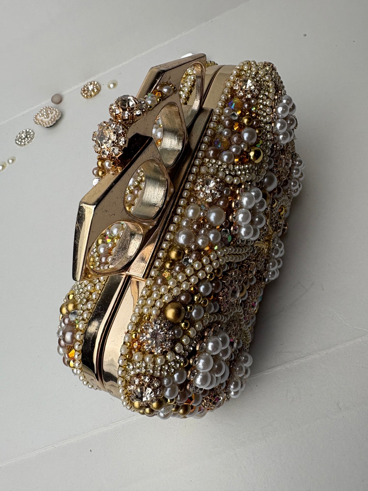 Vintage Upcycled Embellished Purse | Knuckle Clutch Handle | Brooch & Pearl Embellished Evening Bag
