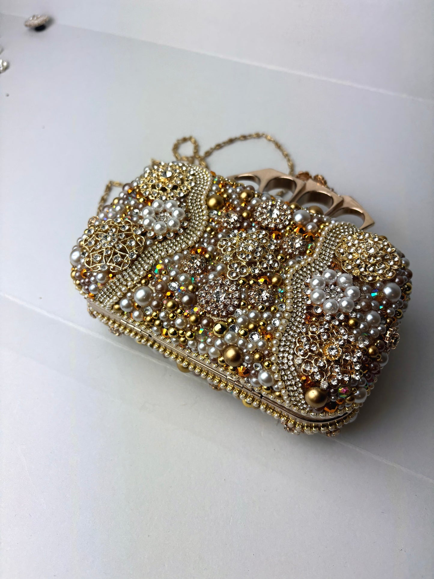 Vintage Upcycled Embellished Purse | Knuckle Clutch Handle | Brooch & Pearl Embellished Evening Bag
