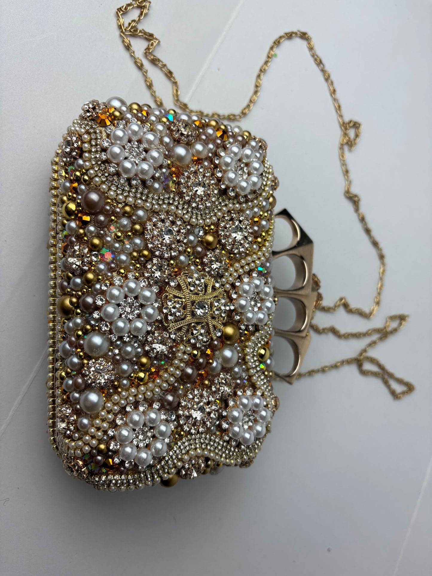Vintage Upcycled Embellished Purse | Knuckle Clutch Handle | Brooch & Pearl Embellished Evening Bag