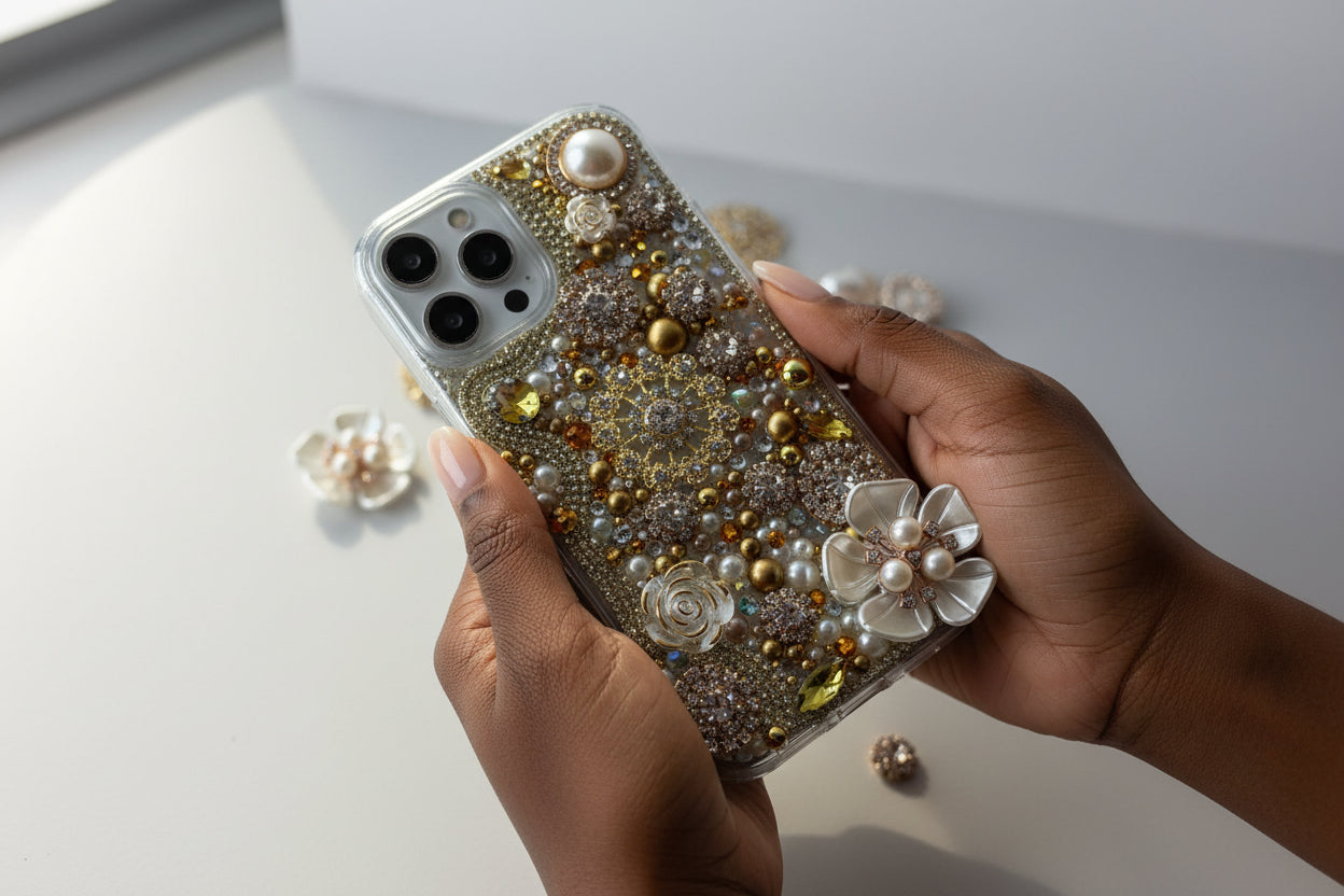 Gold Bling Phone Case | Rhinestone and Pearls Statement Case | Glam Handmade Phone Cover
