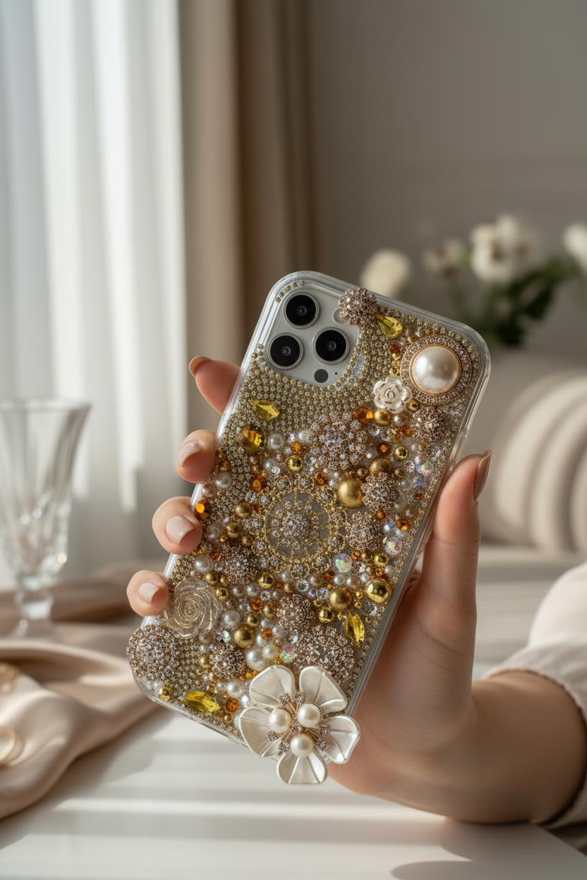 Gold Bling Phone Case | Rhinestone and Pearls Statement Case | Glam Handmade Phone Cover