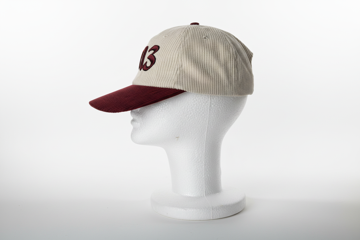Beige and maroon cap on a mannequin head against a white background