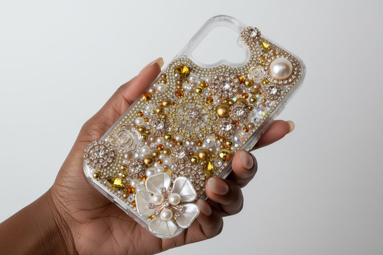 Gold Bling Phone Case | Rhinestone and Pearls Statement Case | Glam Handmade Phone Cover
