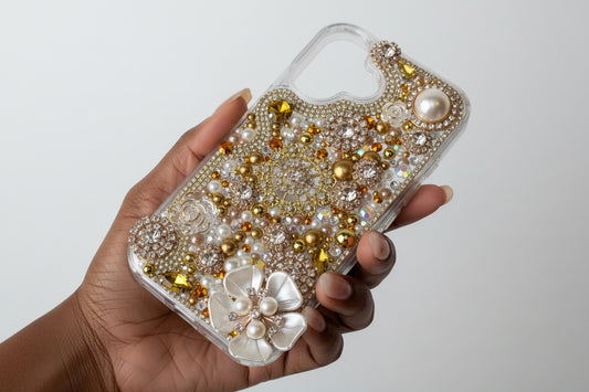 Gold Bling Phone Case | Rhinestone and Pearls Statement Case | Glam Handmade Phone Cover