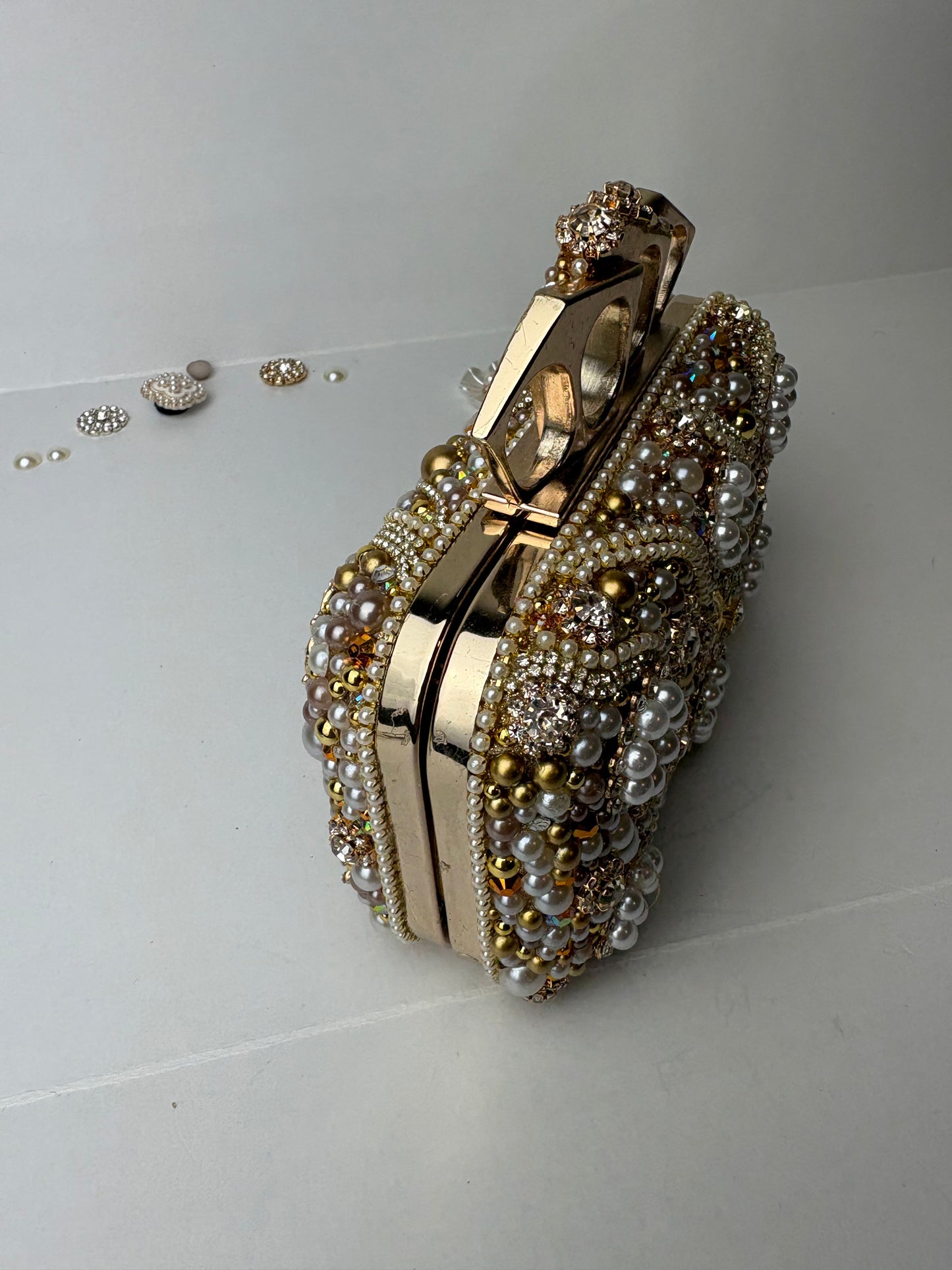 Vintage Upcycled Embellished Purse | Knuckle Clutch Handle | Brooch & Pearl Embellished Evening Bag