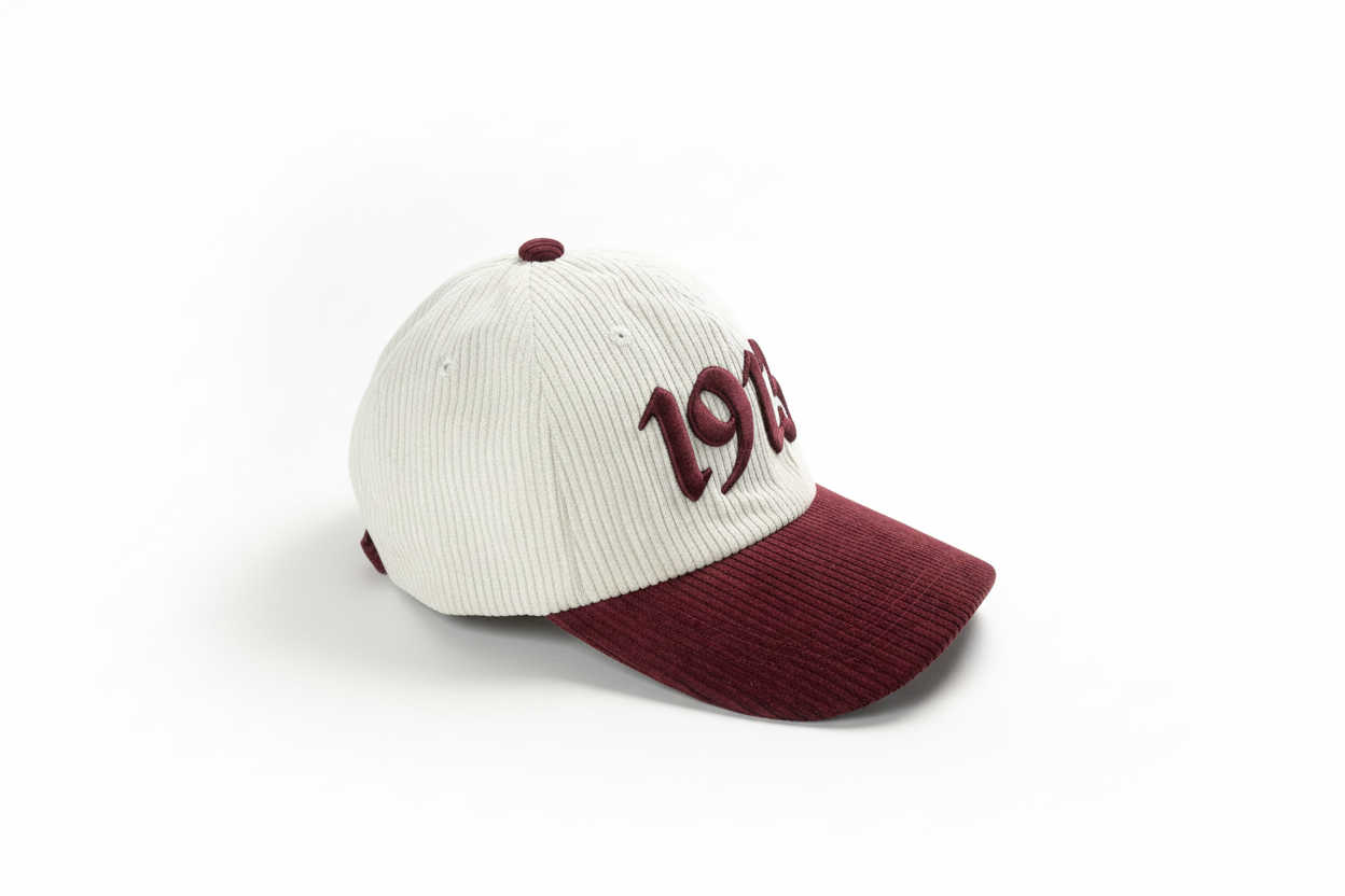 Baseball cap with white front and maroon sides on a white background