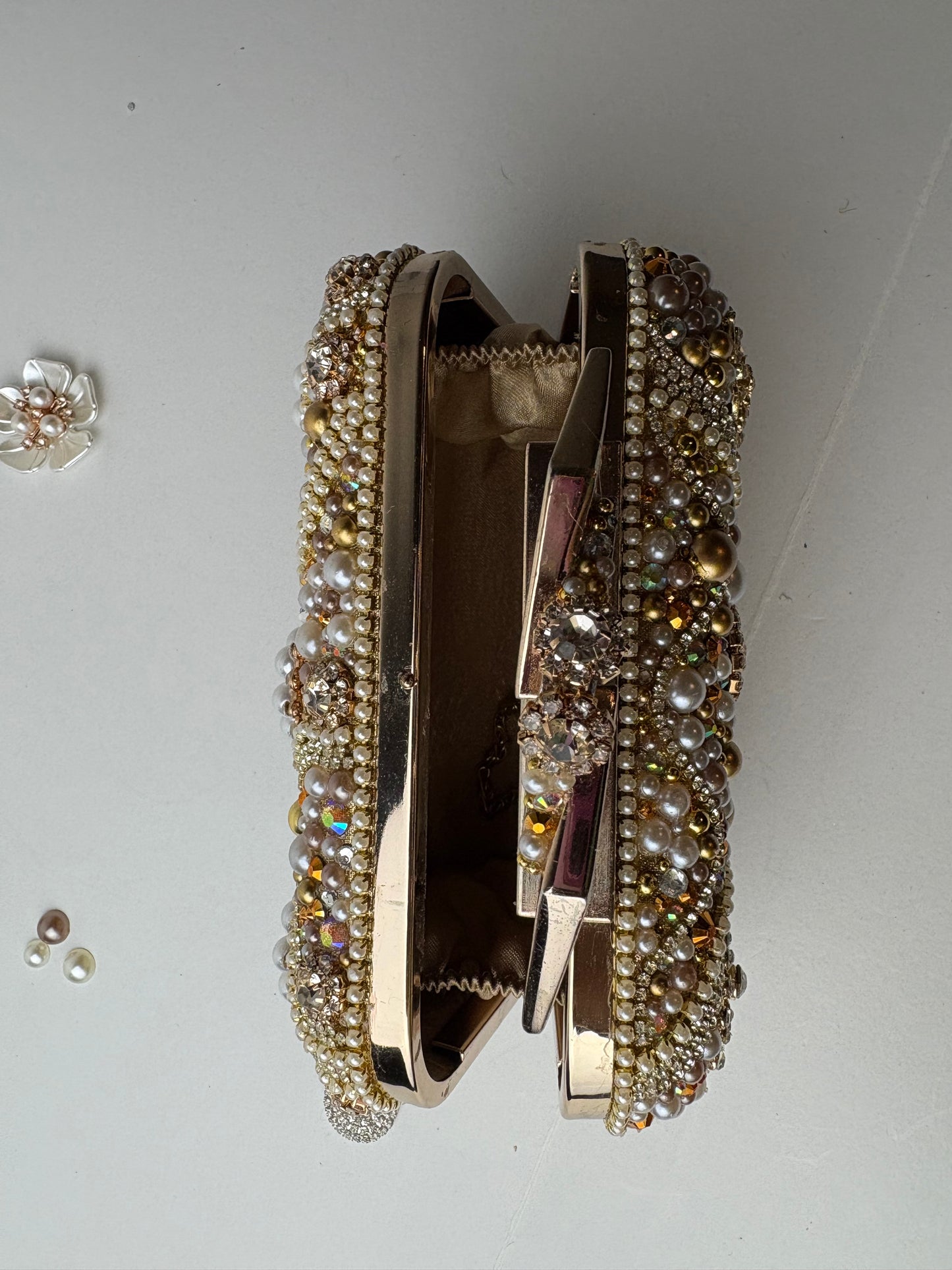 Vintage Upcycled Embellished Purse | Knuckle Clutch Handle | Brooch & Pearl Embellished Evening Bag