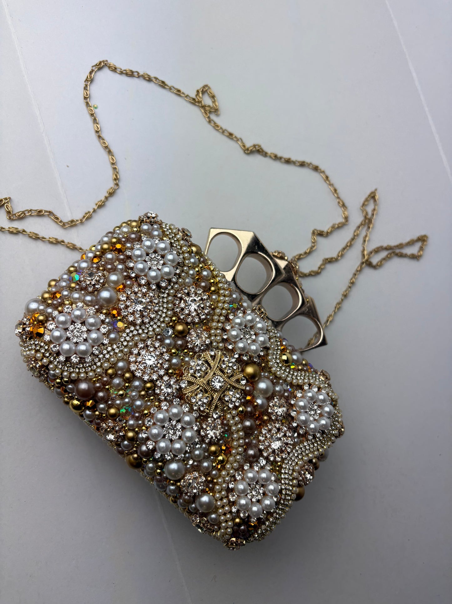 Vintage Upcycled Embellished Purse | Knuckle Clutch Handle | Brooch & Pearl Embellished Evening Bag
