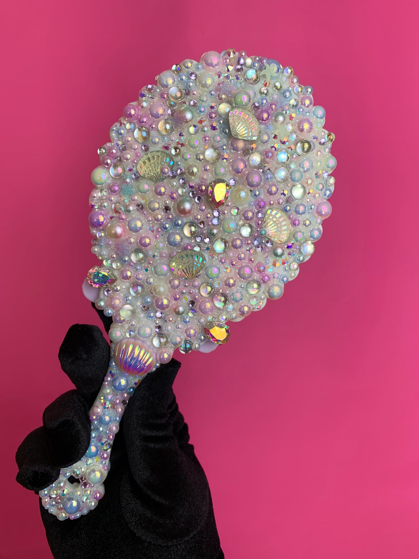 Enchanting Mermaid Rhinestone Handheld Mirror - White & Blue