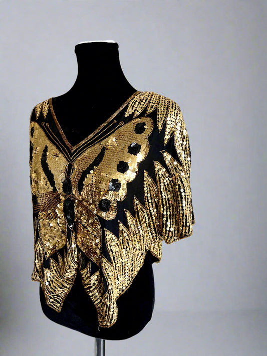 Vintage 80s Silk Sequins Butterfly Blouse