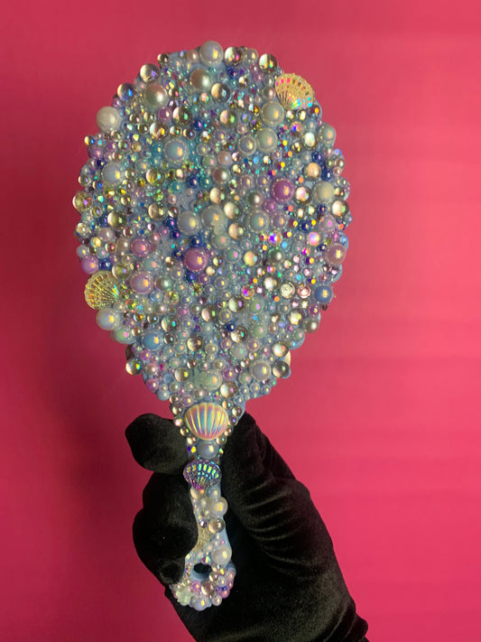 Enchanting Mermaid Rhinestone Handheld Mirror - White & Blue