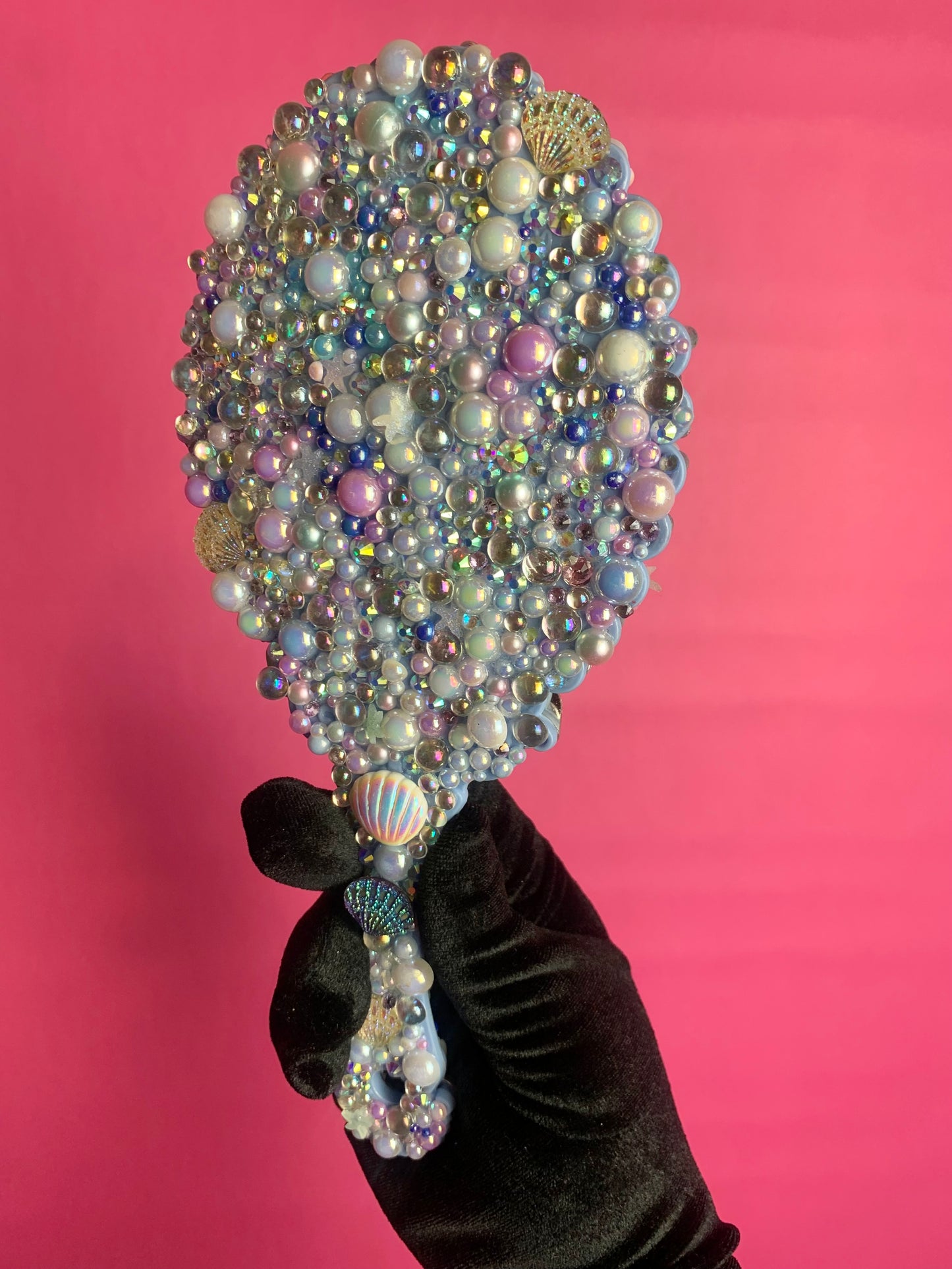 Enchanting Mermaid Rhinestone Handheld Mirror - White & Blue