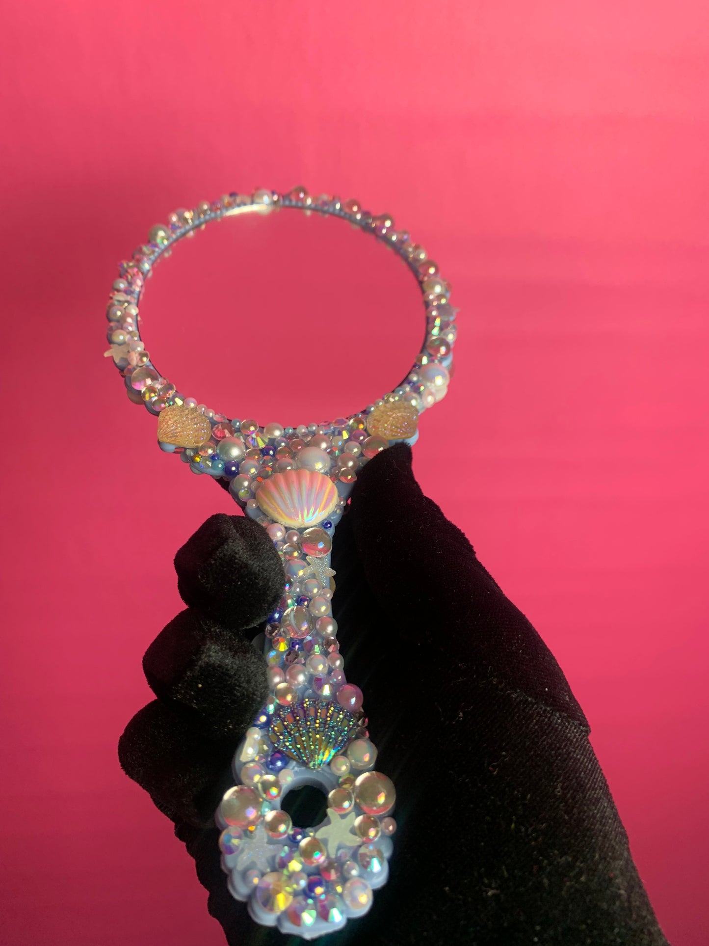 Enchanting Mermaid Rhinestone Handheld Mirror - White & Blue