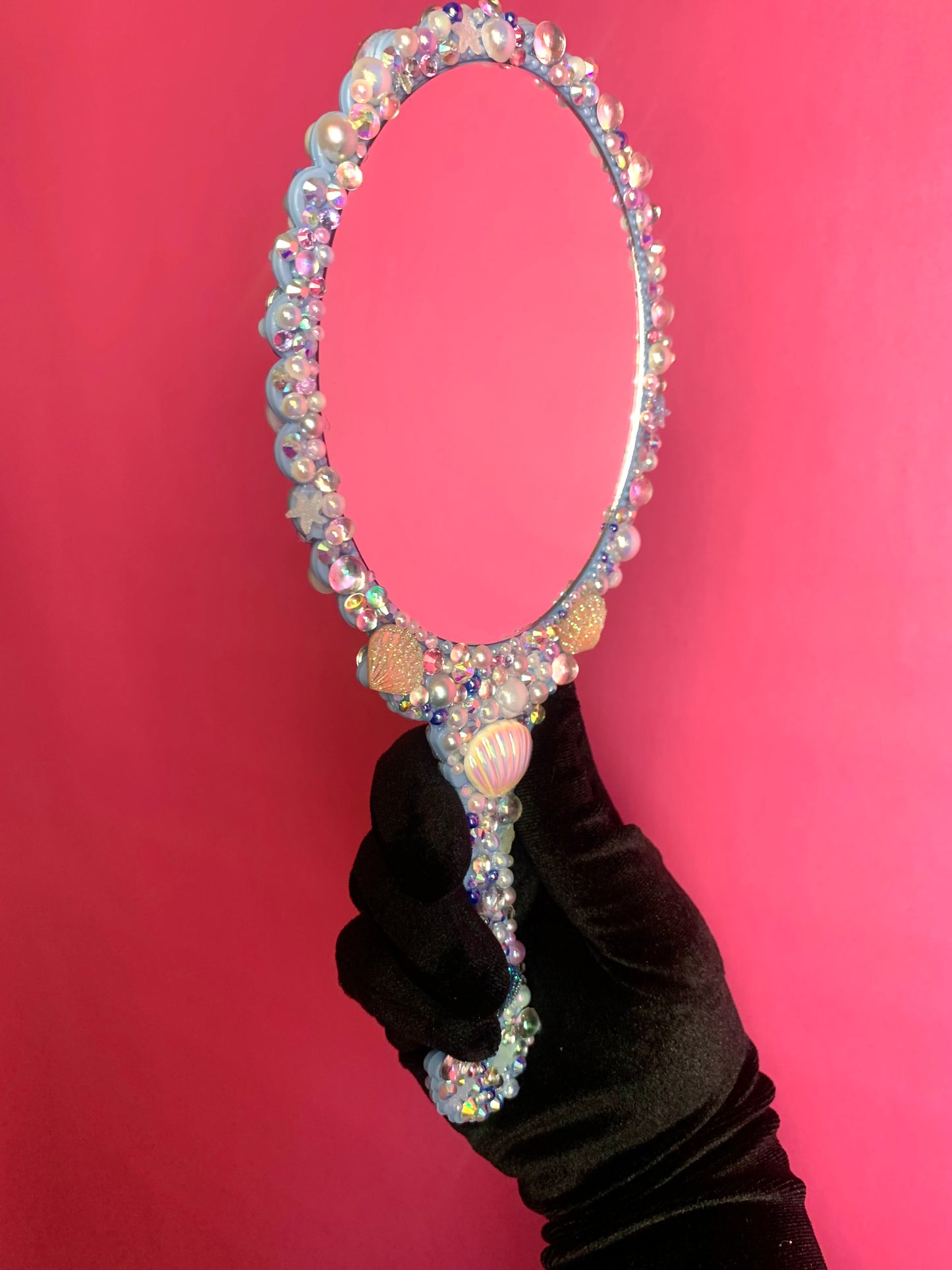 Enchanting Mermaid Rhinestone Handheld Mirror - White & Blue
